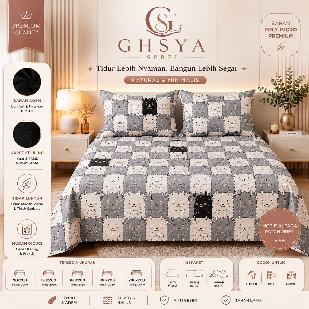 Sprei Motif Alpaca Patch Grey Premium Poly Micro Karet Keliling Set Sarung Bantal dan Guling Lembut 
