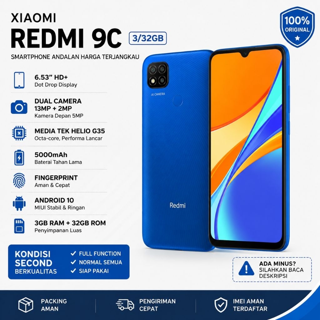 Xiaomi Redmi 9C 3/32 Blue Resmi Indonesia Full Original Second Full Fungsi. smartphone hp handphone 