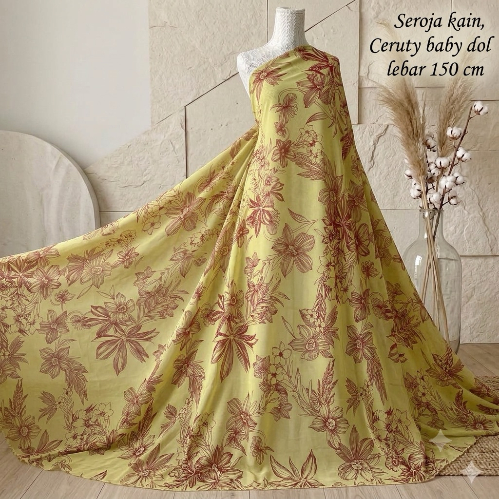 Kain Sifon Ceruty Motif Bunga Floral Premium - Warna Lime Marun Lq
