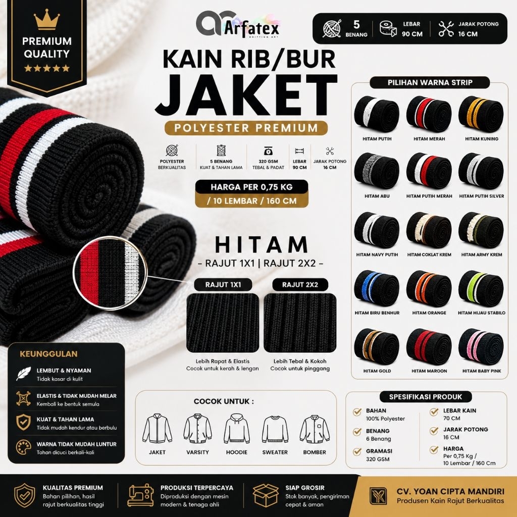 Kain Rib 90cm hitam Tebal, Lembut, Elastis Banyak Warna Polos & Garis poliester rajut premium