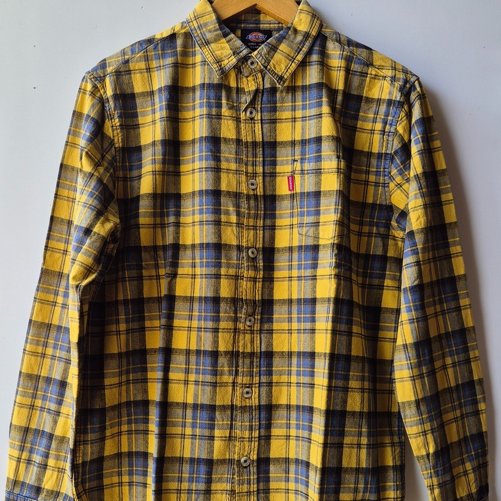 DICKIES Flannel Yellow Blue Plaid Long Sleeve Kemeja Flanel Motif Kotak-kotak Size L