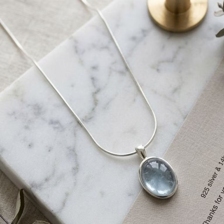 Kalung Oval Stone Snake Chain Necklace – Aquamarine Stone / Moonstone / Black Opal Stone