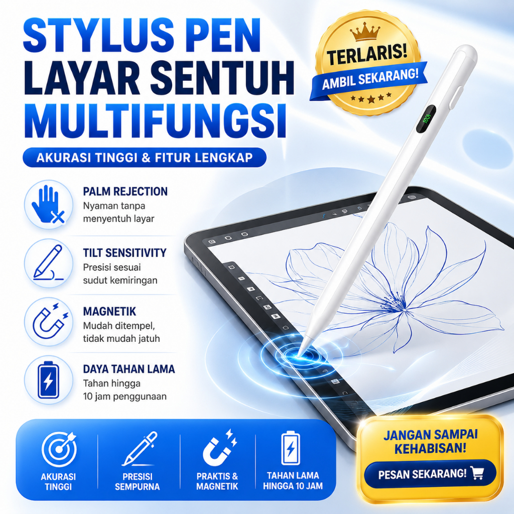 Pensil Stylus iPad Palm Rejection Compatible iPad 2018-2025 Pena Touch untuk Gambar Menulis Fast Cha