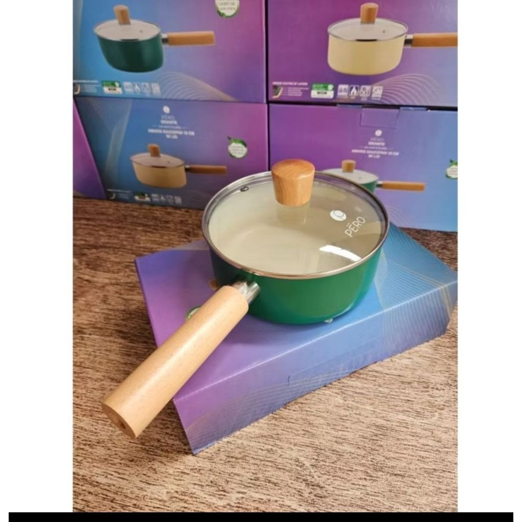 Pero Amaris Sauce Pan 18cm + Lid Wooden Handle warna hijau teal