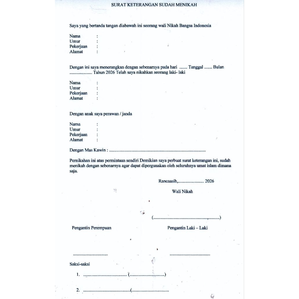 blangko Surat keterangan sudah menikah