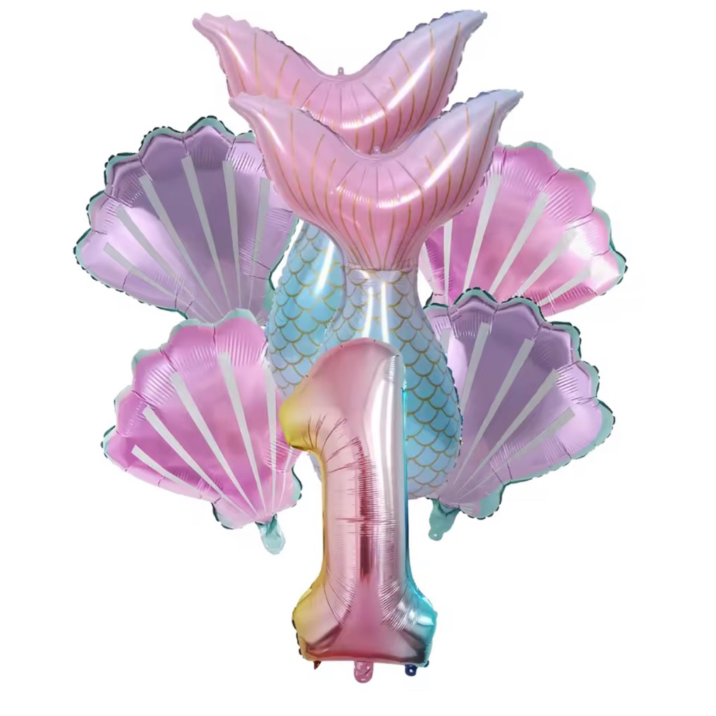 Set paket balon foil angka 80cm warna gradasi rainbow colorful tema mermaid ikan duyung ekor hiasan 