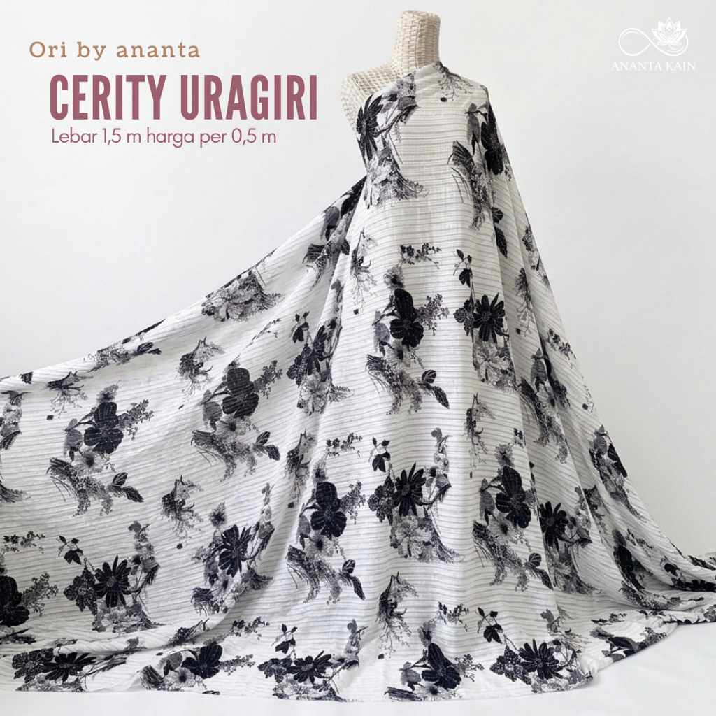 Kain Ceruty Uragiri Motif bunga hitam putih Terbaru Bahan Gamis Jilbab Premium