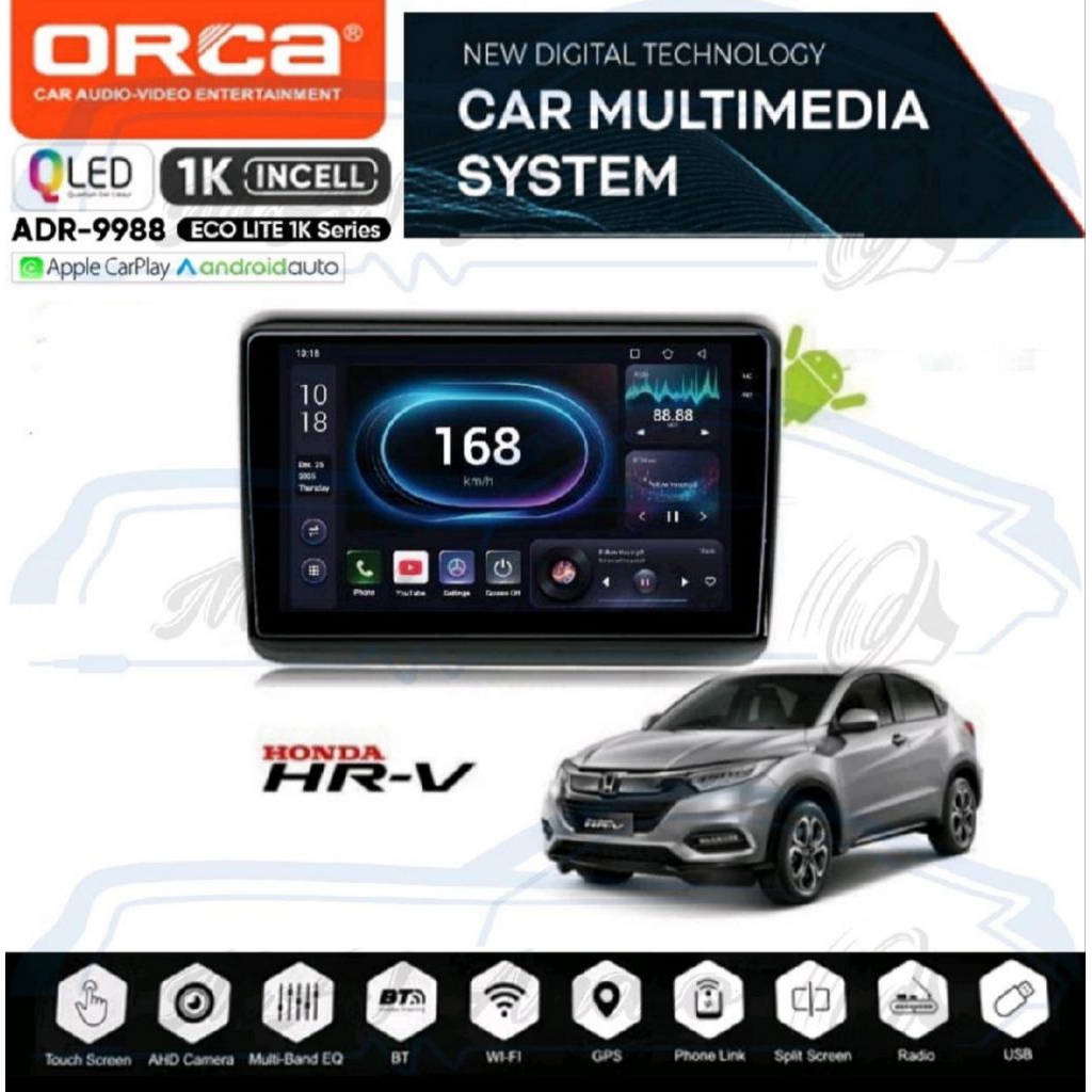 HEAD UNIT TAPE TV MOBIL ANDROID  MERK ORCA, DHD ATAU SKELETON UNTUK HONDA HRV LAYAR 9 INCH ATAU 10 I