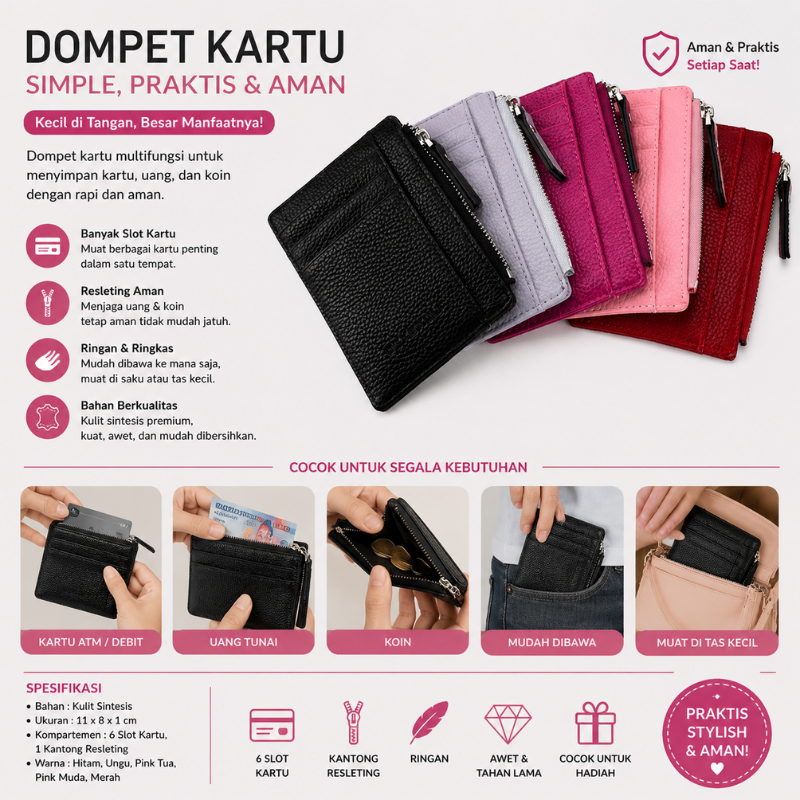 Dompet Kartu Mini 8 Slot Resleting | Card Holder Multifungsi Anti Jatuh / Card Holder Kecil Kulit Pr