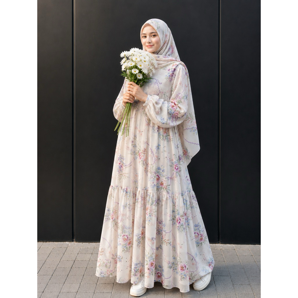 Pastelo SORAYA SET JILBAB gamis motif bunga custome printing warna pastelo by juragan gamis