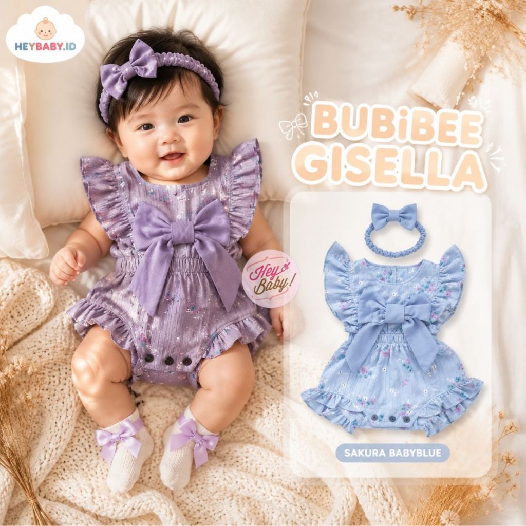HEYBABY - GISELLA romper jumpsuit jumper bayi motif yang lucu + free headband Jumpsuit Pita BUBIBEE