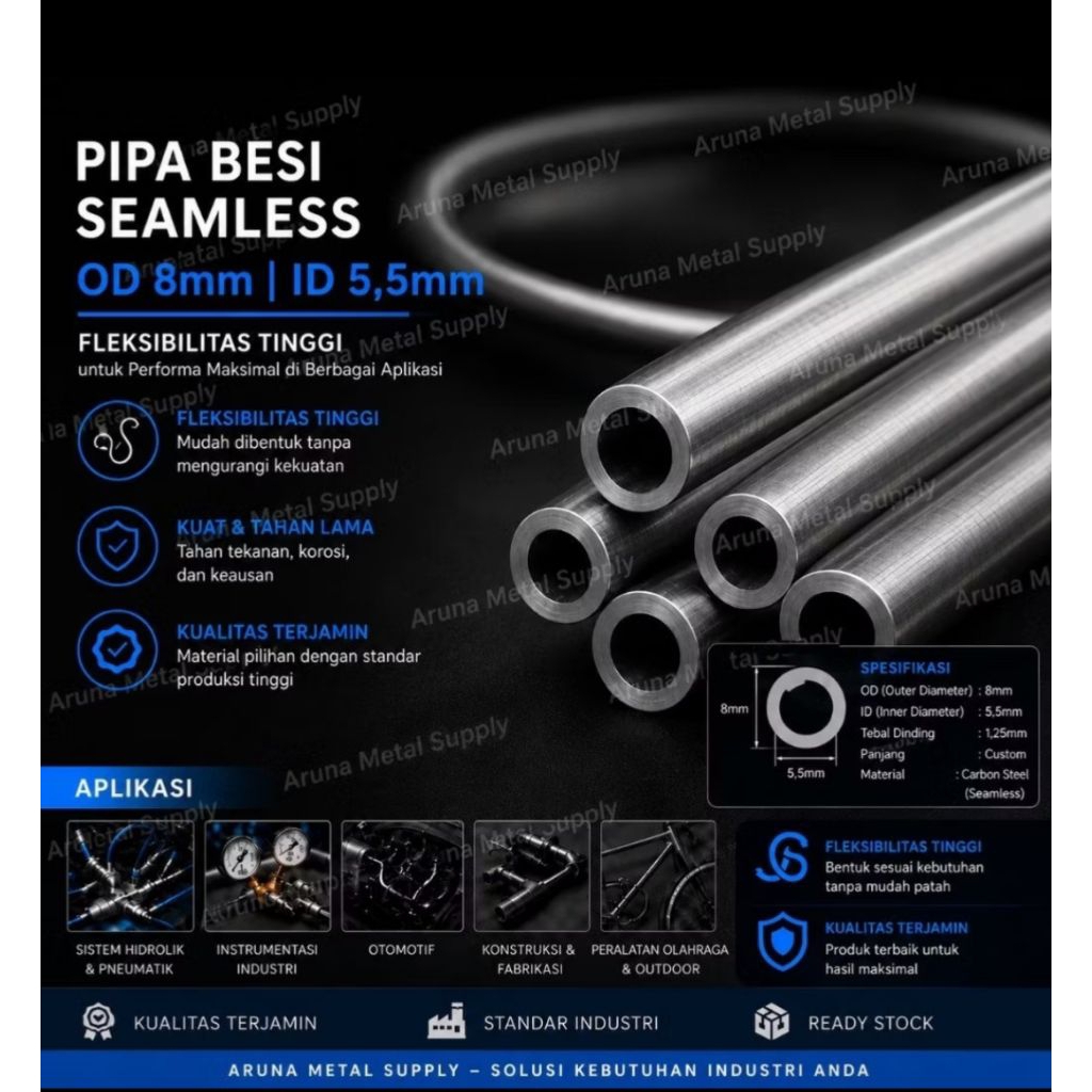 pipa besi od 8 mm id 5,5 mm x 200 mm