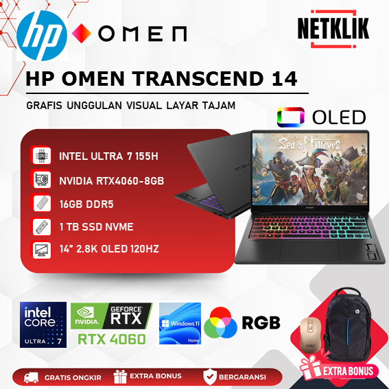 HP OMEN TRANSCEND 14 OLED - ULTRA 7 155H 16GB DDR5 1TB SSD RTX4060 120Hz WIN11