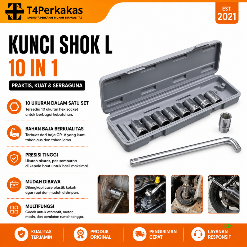 Kunci Shok 10 Pcs Kunci Shok L Set 8 - 21 MM Kunci shok tahan karat