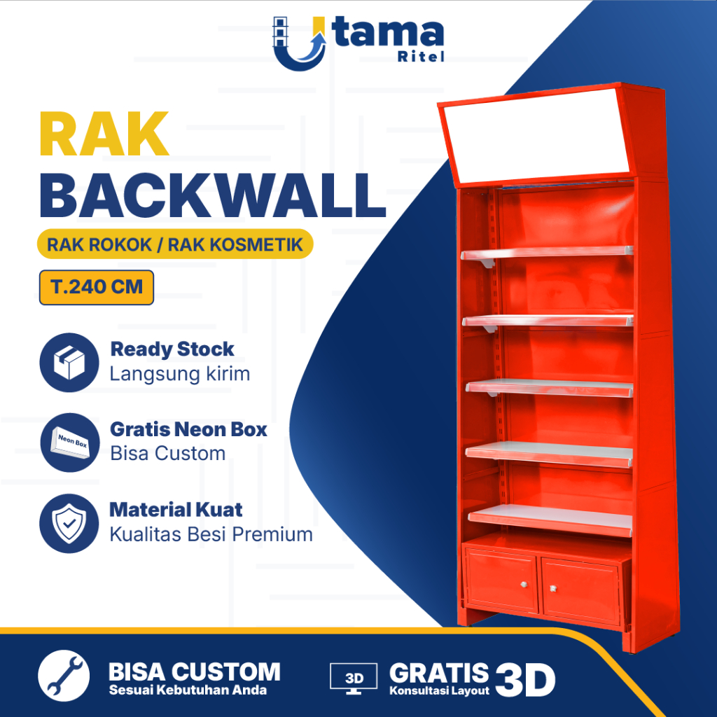 UTAMA RITEL Backwall 240 Cm Rak Kosmetik Rak Rokok Display Minimarket Belakang Meja Kasir Full Besi 