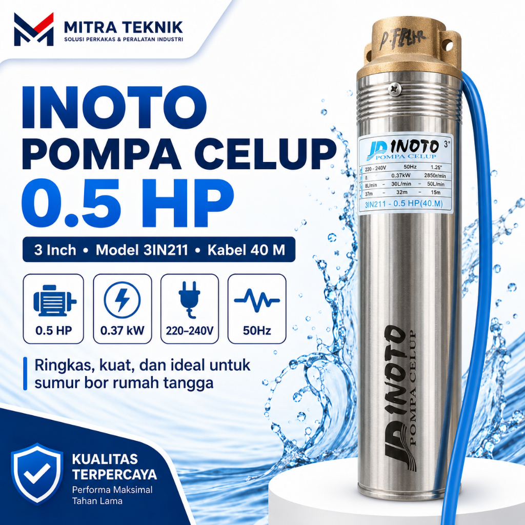 Pompa Celup INOTO 3IN211 0.5 HP 3 Inch Submersible Sumur Bor Kabel 40M Stainless Steel