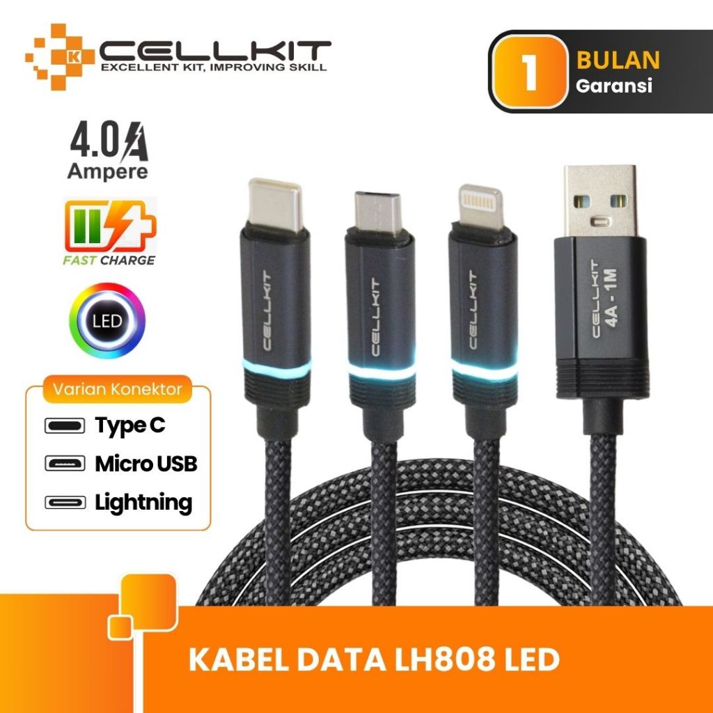 CELLKIT Kabel Data LED Fast Charging 4A Type C Micro USB Lightning 1M LH808 Garansi 30 Hari