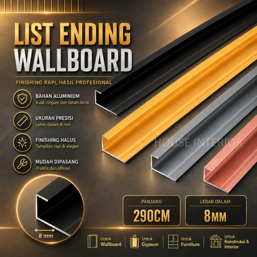 List U Penutup Wallboard Lis Alumunium Wallboard Harga Perbatang Panjang 2.9 meter