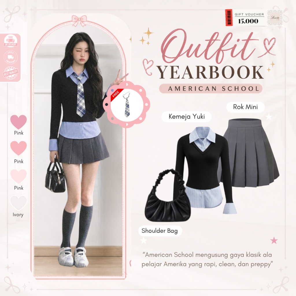 Outfit Wanita Preppy Style ( Shoulder Bag + Kemeja Yuki + Rok Mini ) Set Outfit Hangout Wanita Kemej
