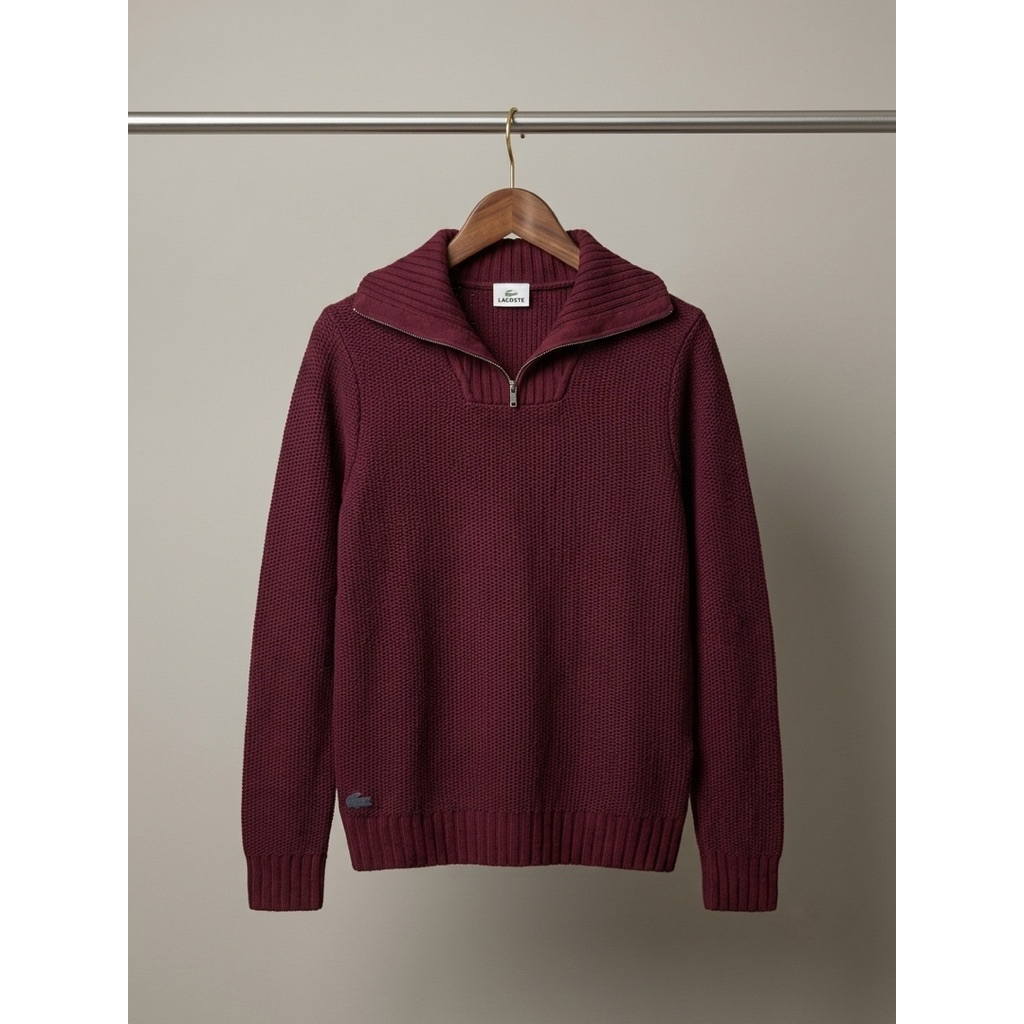 Tracktop Lacoste Quarter Zipper Maroon Rajut Mewah Pria