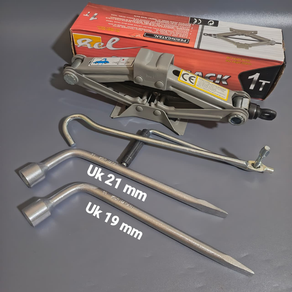 PAKET Dongkrak Mobil Jembatan 1 Ton RELL Dan Kunci Roda Ukuran 19 mm / Kunci Roda L Hex 21mm KDR JAP