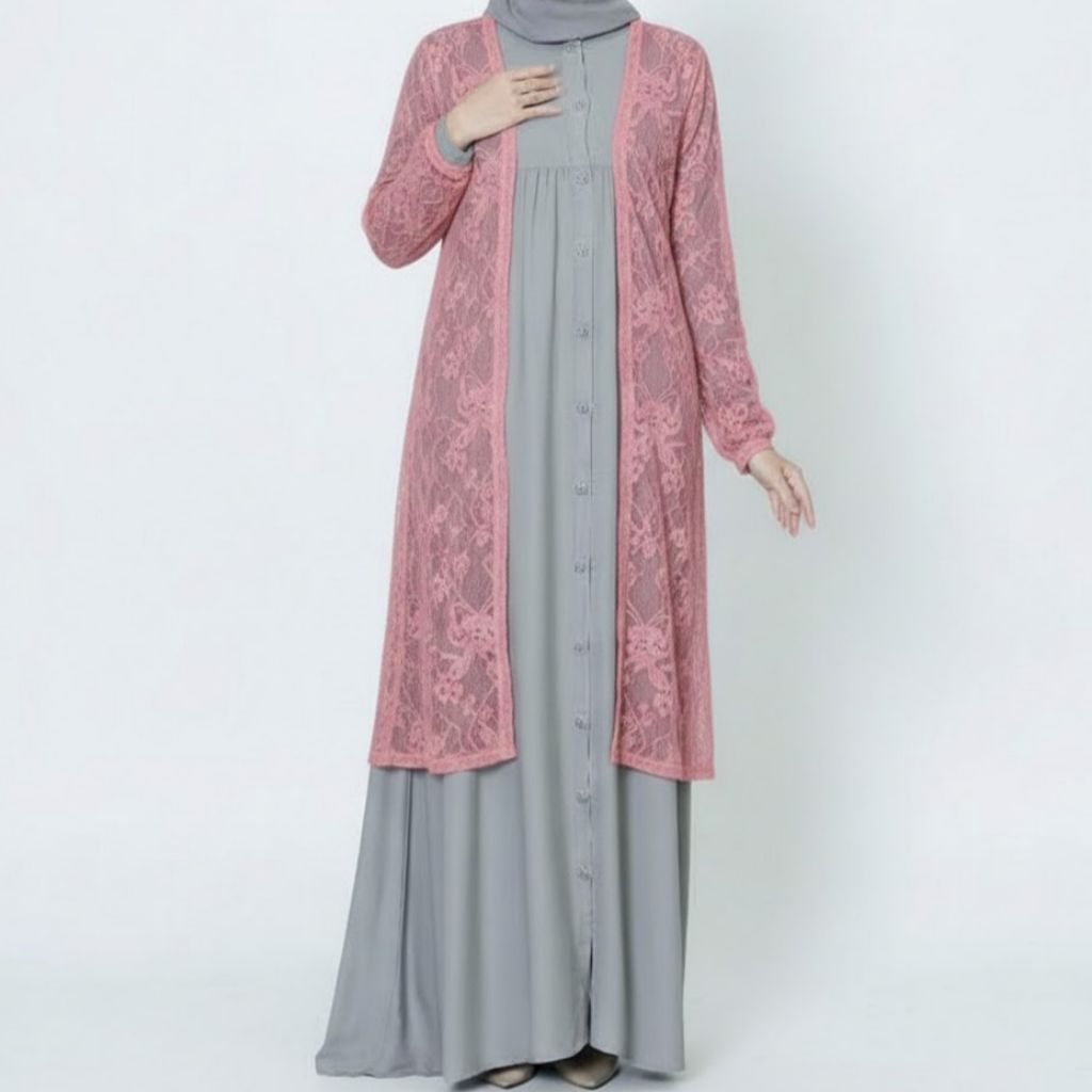 BUSANA WANITA MUSLIMAH LONG OUTER CARDIGAN LACE PUTIH LENGAN BALON KARDIGAN