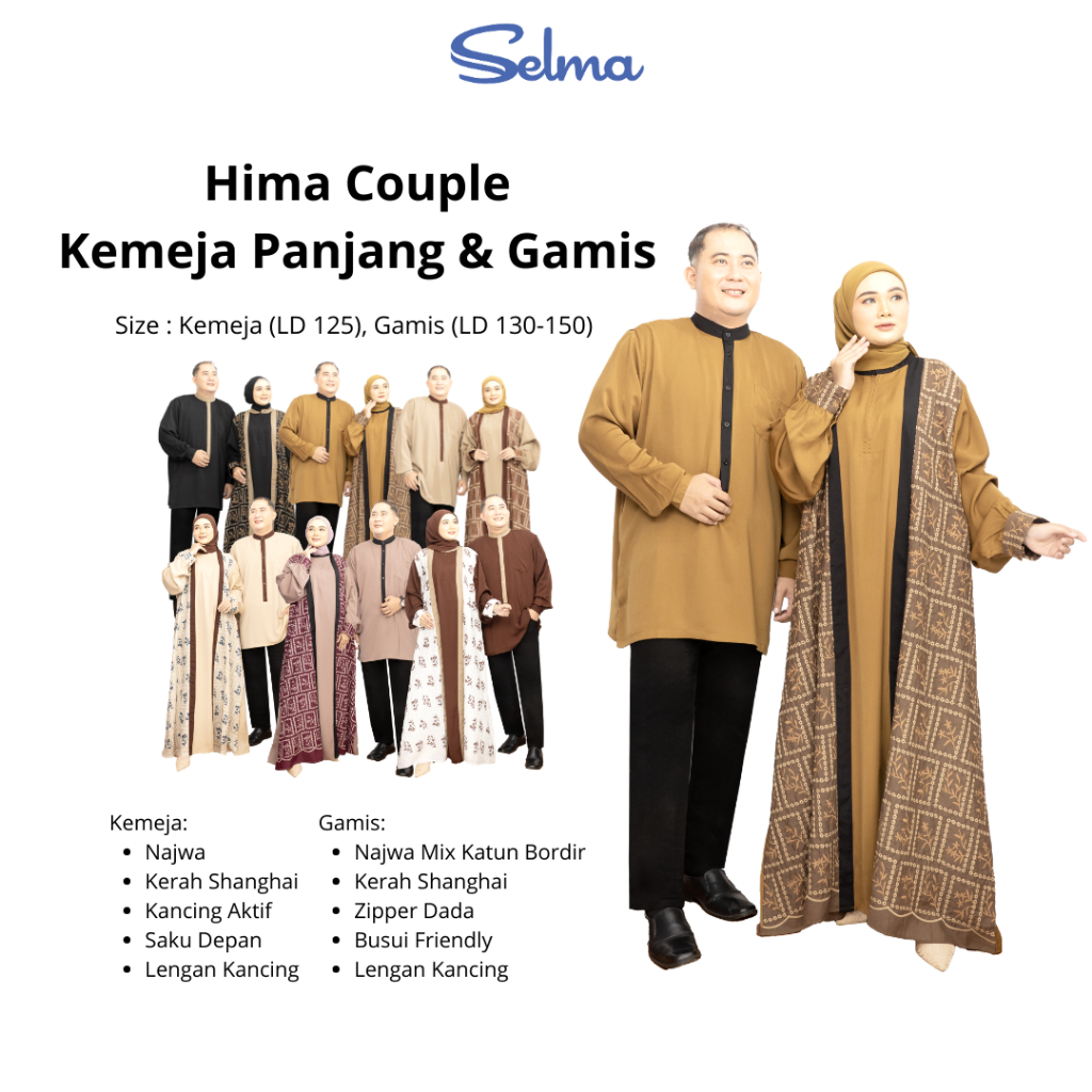 Hima Couple Najwa Bordir  Setelan Couple Lebaran Jumbo Premium Gamis Busui Zipper  Kemeja Pria Lenga