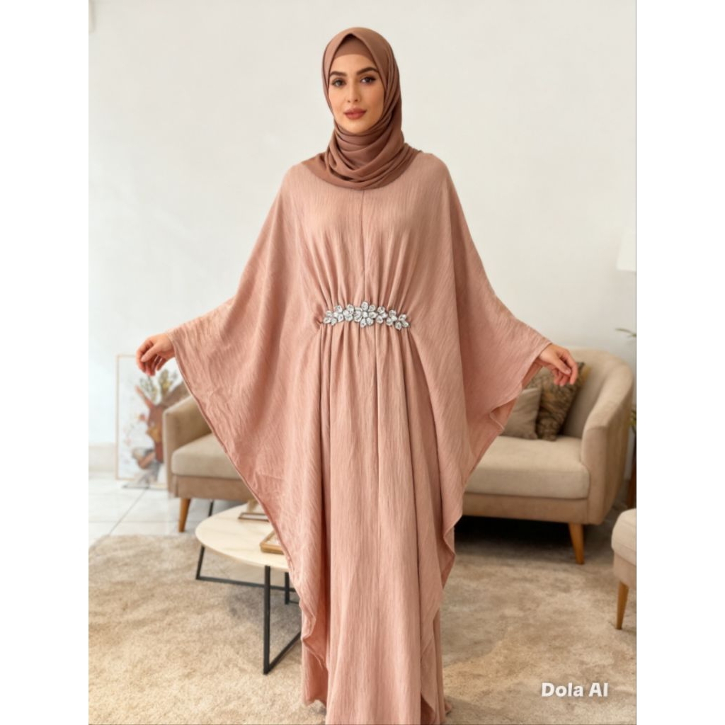 GAMIS GAYA KAFTAN BERWARNA DUSTY PINK DENGAN DESAIN LENGAN LEBAR KHAS KAFTAN/BUSANA MUSLIM MODERN