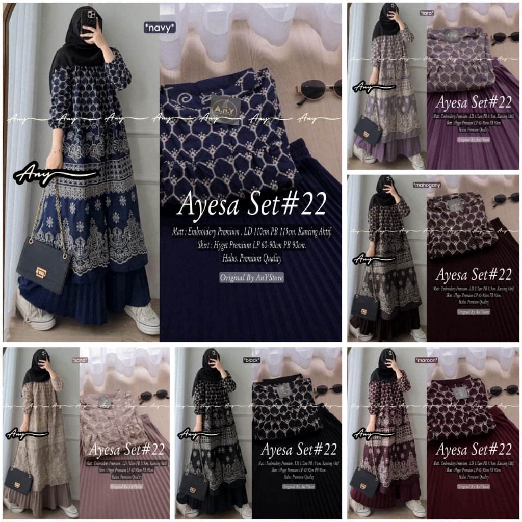 AYESA AYEZA SET BY ANY STORE SET ROK PLISKET LONG TUNIK EMBROIDERY PREMIUM SET ROK WANITA KEKINIAN S