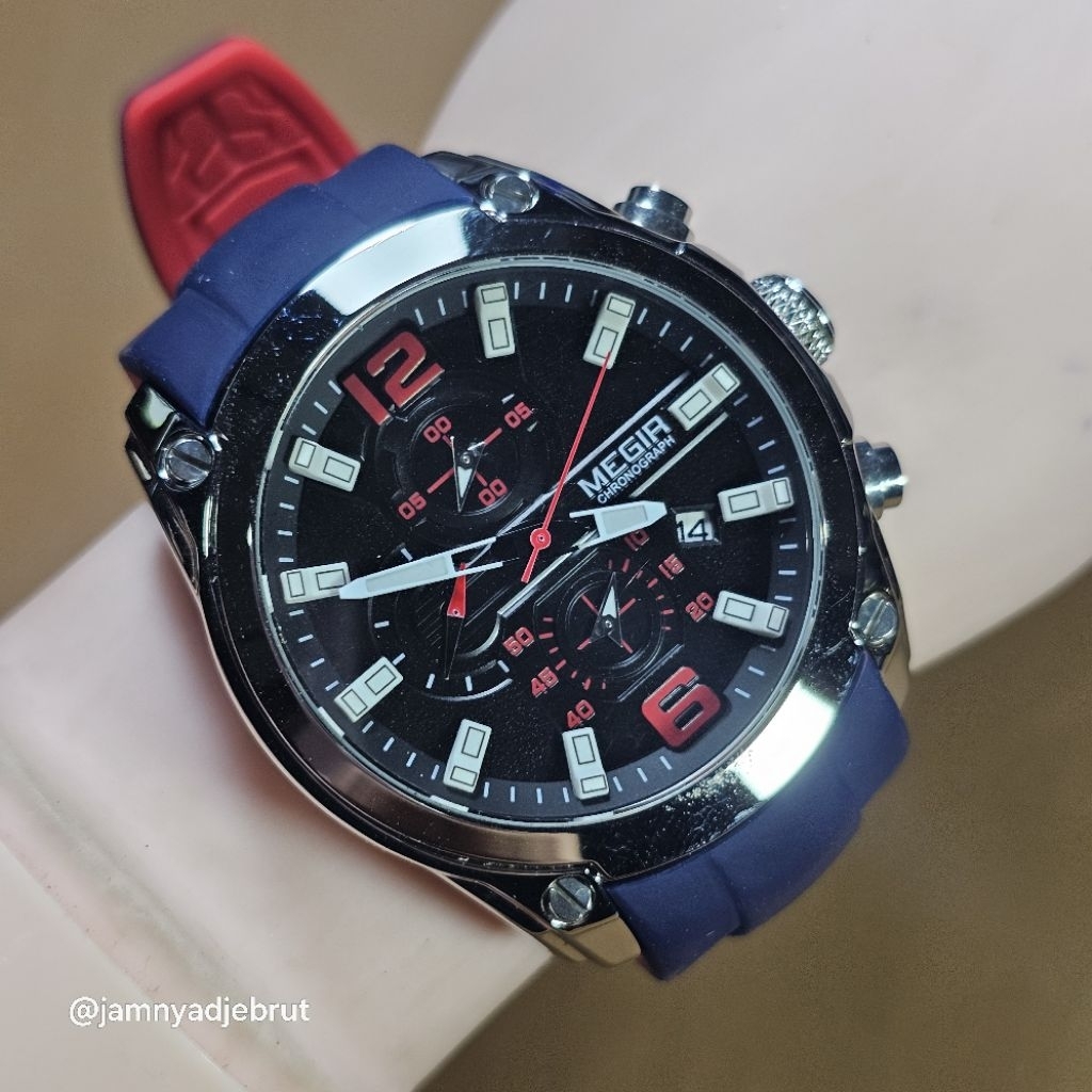 Jam Megir M2063 Chronograph Red Blue Black Bekas