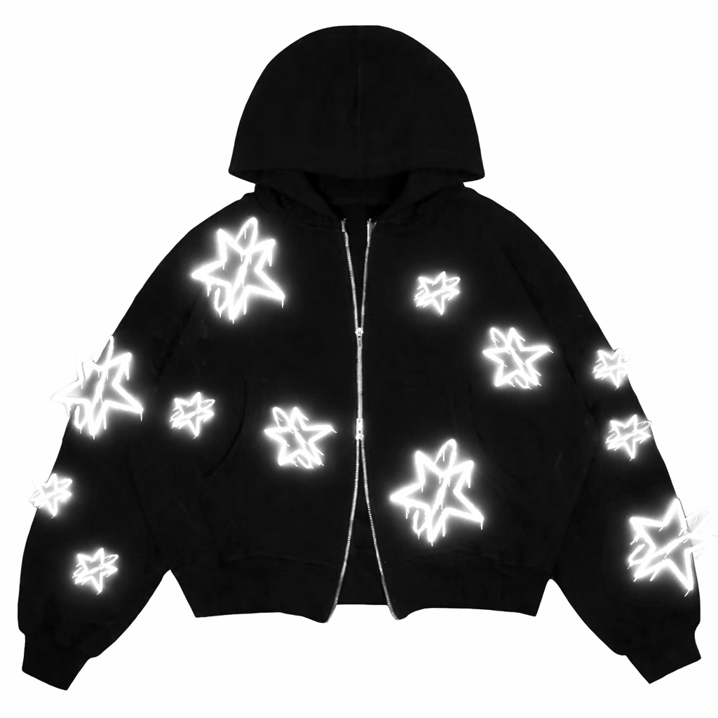 KINOS & CO Hoodie Boxy Double Zipper Reflektif  Katun Fleece Print Korea Unisex Boxy Oversize 280GSM