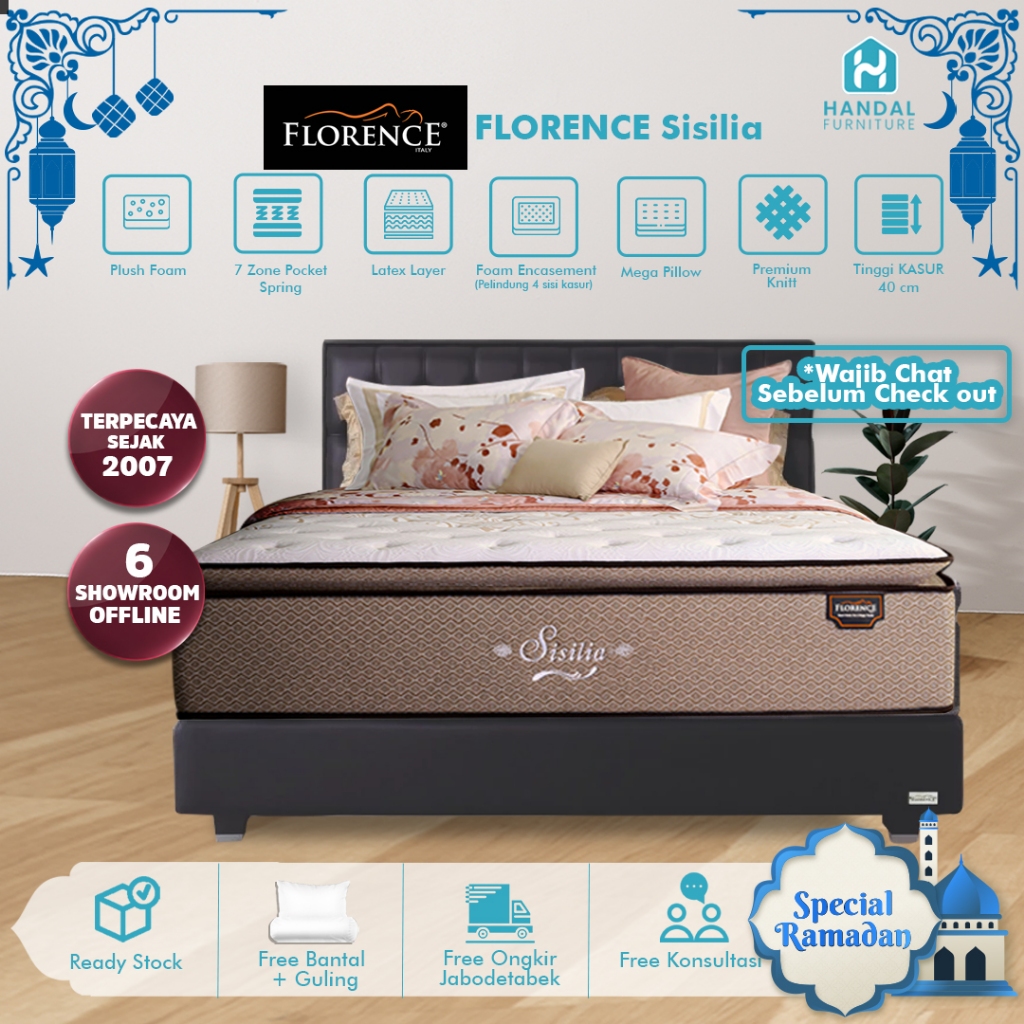 Kasur Springbed Florence Sisilia 100x200, 120x200, 160x200, 180x200, 200x200 Pocket Anti Guncang Lat