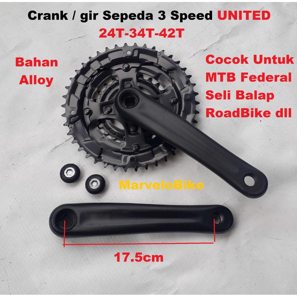 Crank Gir Depan Sepeda 3 Speed 24-34-42T Alloy Merk UNITED