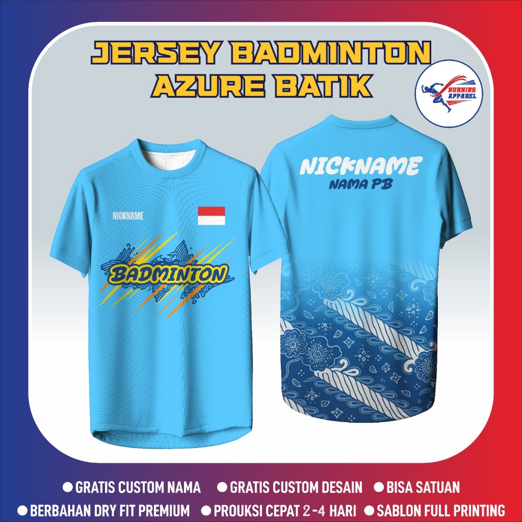 Jersey BADMINTON AZURE BATIK - Baju Olahraga Dryfit Full Printing