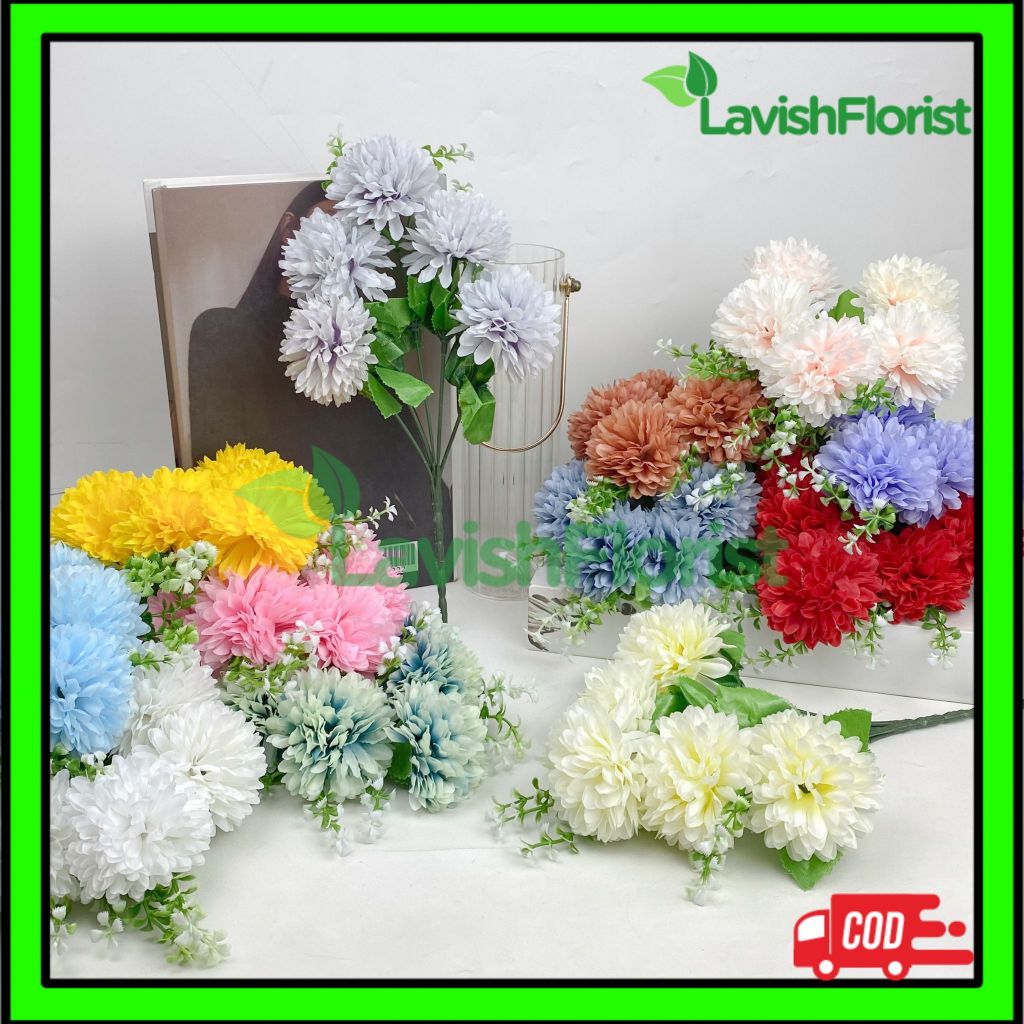 Artificial Flower BallMum Cabang 5 Artifisial Bunga Palsu Plastik Sutra Dandelion Pesta Dekor Hias R