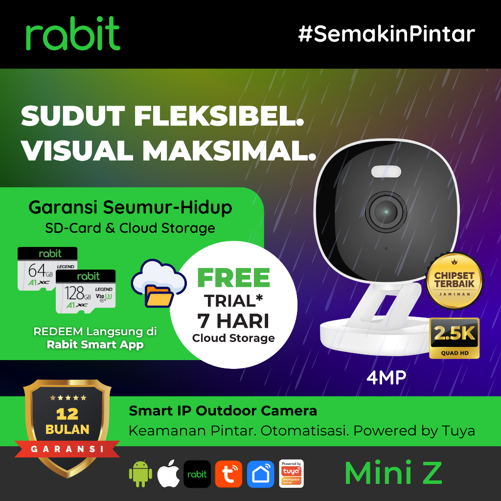 RABIT SMART IP CCTV OUTDOOR WIFI CAMERA WATERPROOF 2K 4MP STATIC MINI Z