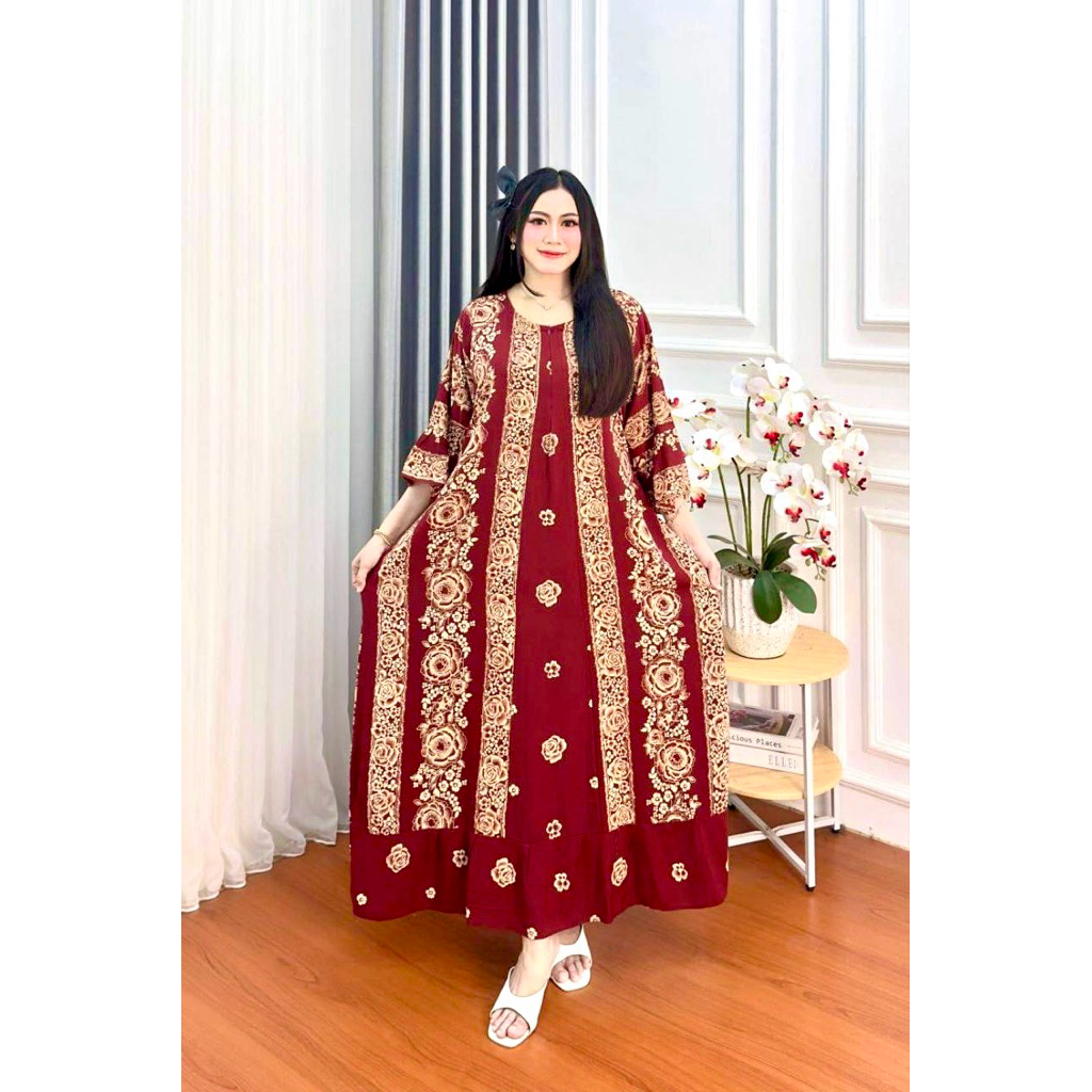DRESS MAWAR RAYON SUPER JUMBO LD 130CM MOTIF MAWAR LENGAN 3/4 GROSIR DASTER JUMBO SANTAI WANITA