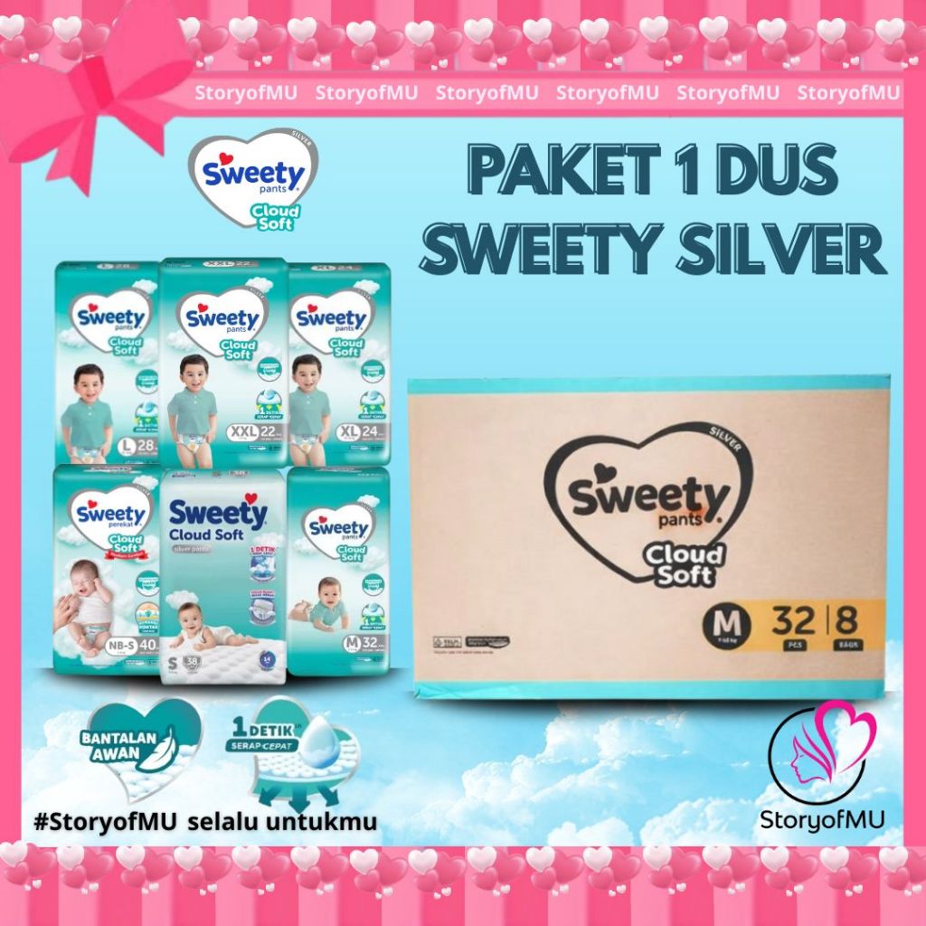 StoryofMU [1 KARTON] SWEETY Silver Pants Cloud Soft 1 Dus - Popok Bayi | Diapers Baby 8 Ball