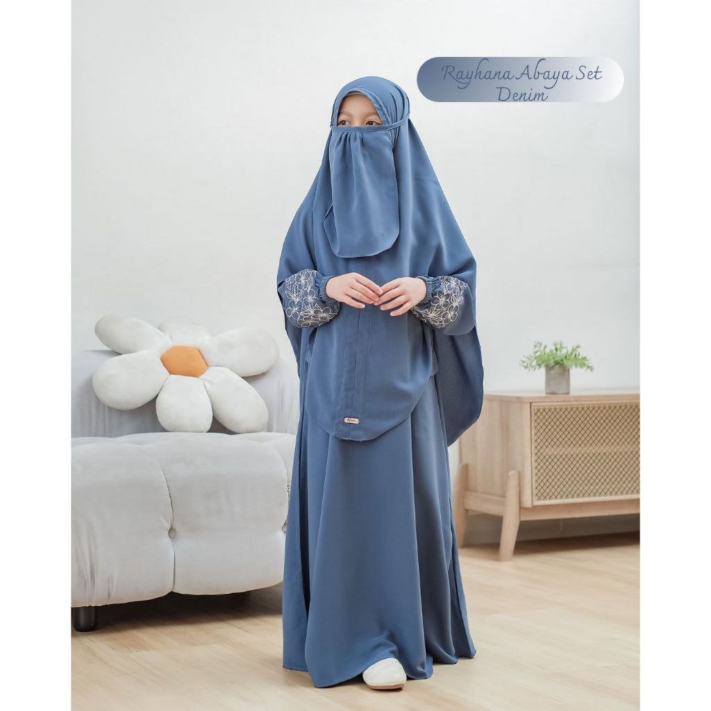 Abaya Set | Gamis Denim Bordir Set Bergo Free Cadar | Gamis Anak Perempuan usia 3-12 tahun