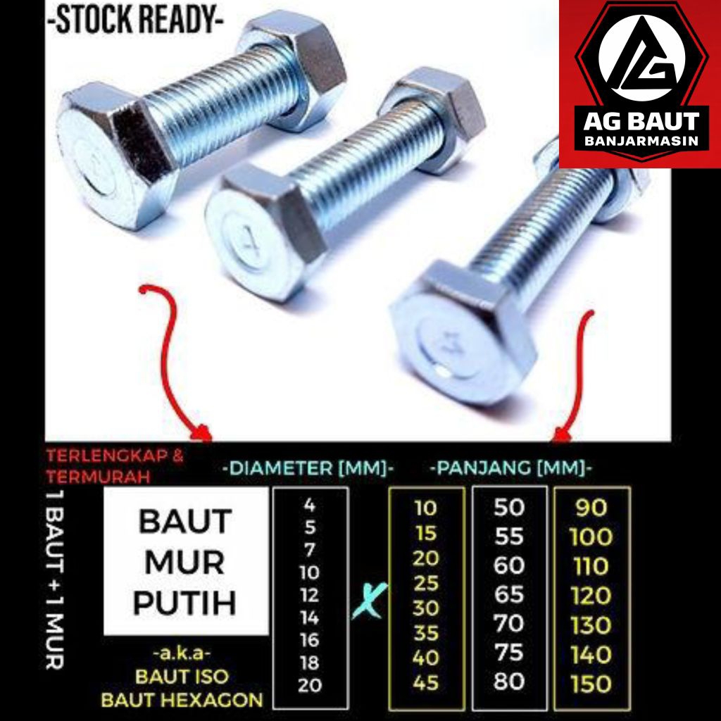 Baut Mur Putih M7 x 25mm (2,5cm) Hex Kunci 11 – 1 Set (Baut + Mur)