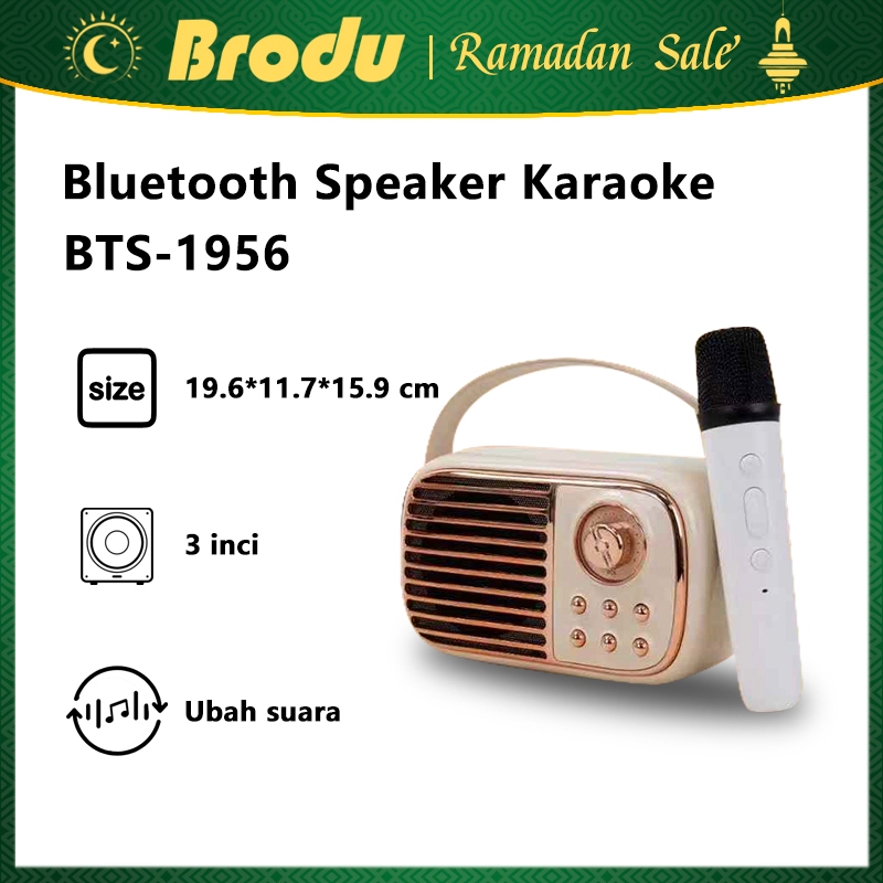 Speaker Karaoke Mini Brodu BTS-1956 Portable dengan Mic Wireless - Speaker Retro Full Range 12W Warn