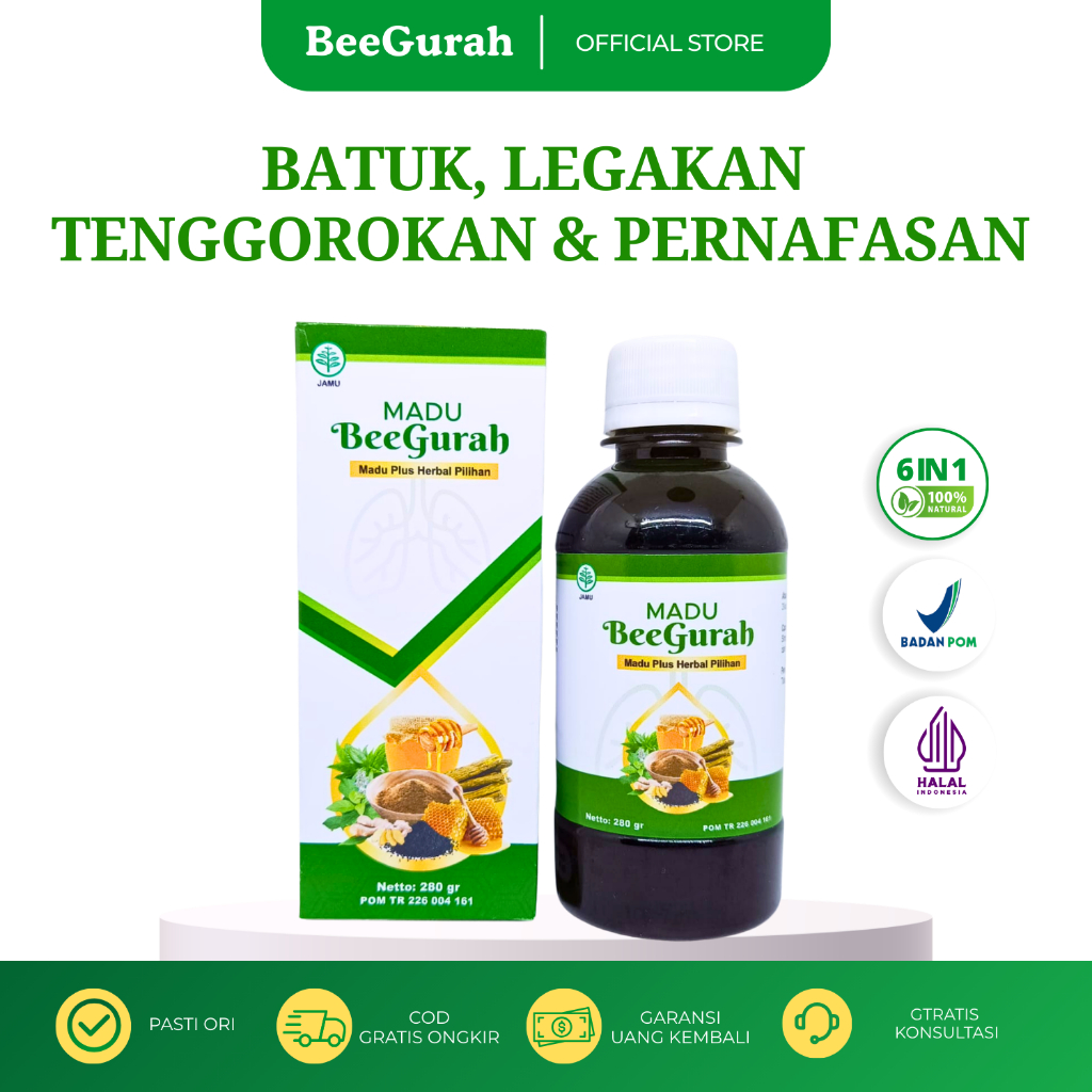 BEEGURAH Madu Gurah Herbal Batuk Radang Tenggorokan Berdahak Lendir Dada Sesak Nafas