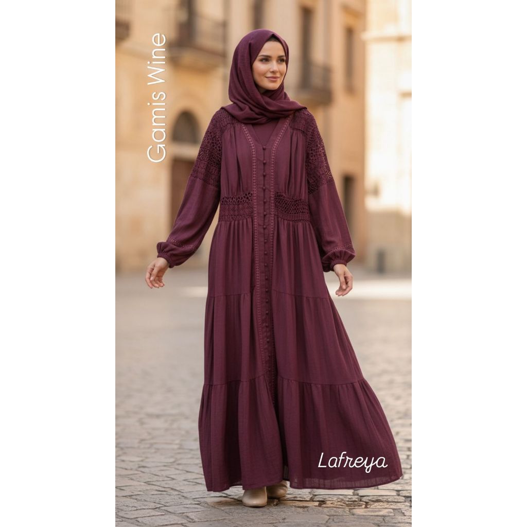 Cleome Lafreya Gamis Wine Zayn Enrica Fashion Muslim Wanita Import LFY Bordir Fit