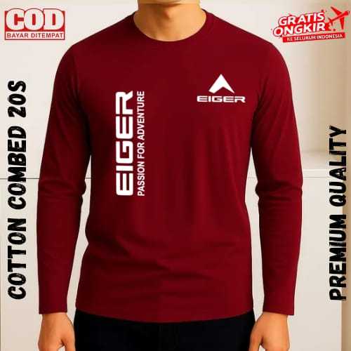Baju Kaos Lengan Panjang  (PROMO COD) Kaos Distro Lengan Panjang Pria Wanita Eiger kirka Logo Putih 