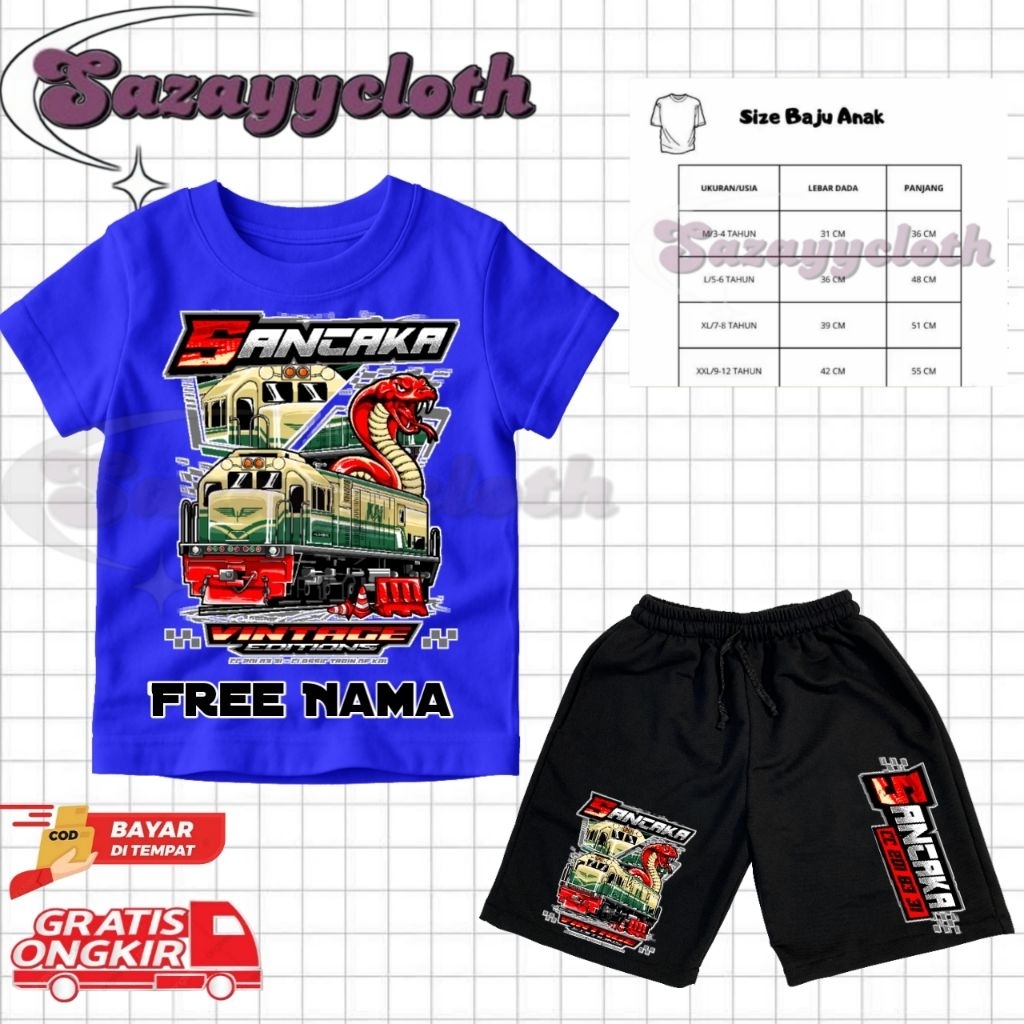 (BISA COD) Setelan Kaos Celana Pendek Anak Kereta Api Sancaka  Free Nama /Setelan Kaos Boardshort An