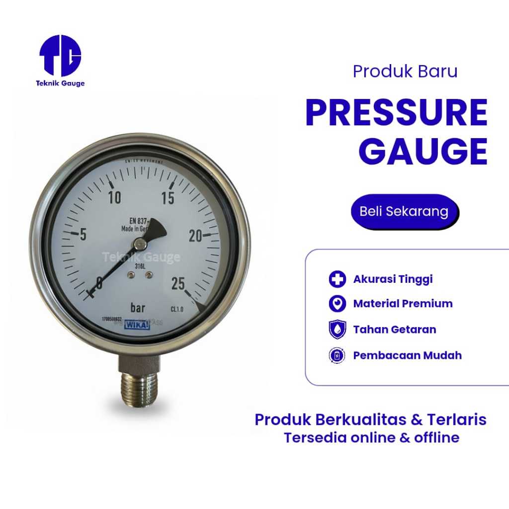 Pressure Gauge Wika 4 inch bottom full ss 0-25 bar drat 1/2 npt