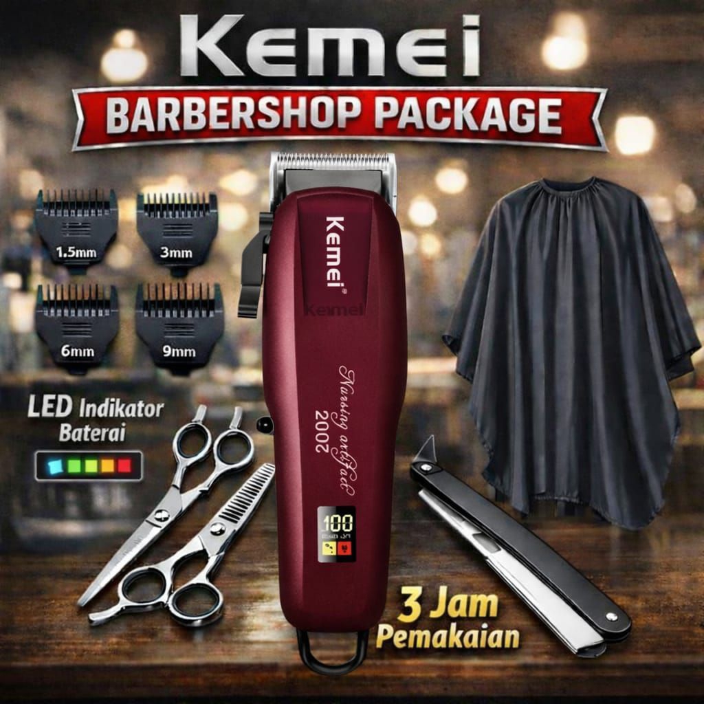 Alat Mesin Cukur Rambut Baterai Cas Original Kemei Paket Barbershop Set Lengkap Gunting Stainless