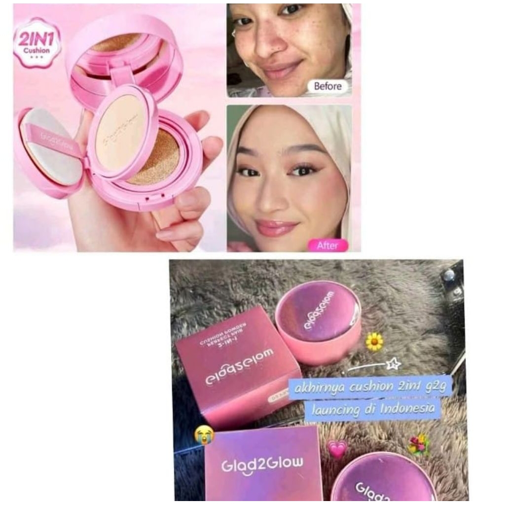 Bedak Glad2glow 2in perfect pair cushion powder foundation waterproof  ori make up bedak Tahan lama 