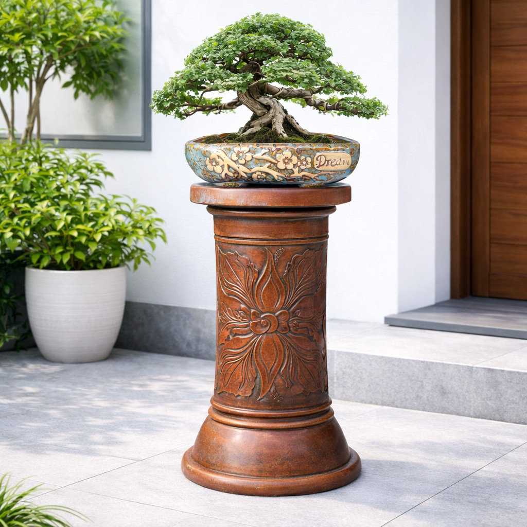 Pilar Standing Pot Ukir Random Bunga Gerabah Tanah Liat