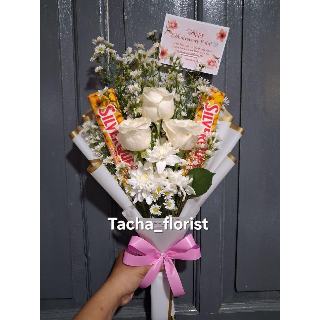 Buket bunga mawar putih asli segar mix coklat CIMAHI BDG PADALARANG